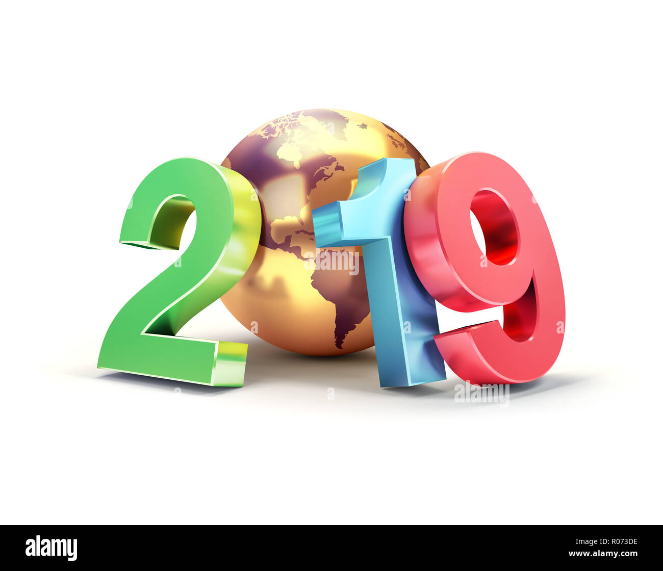 Nouvel An 2019 date numéro coloré composé d'une planète terre de l'or, l'accent sur l'Amérique, isolé sur blanc - 3D illustration Banque D'Images