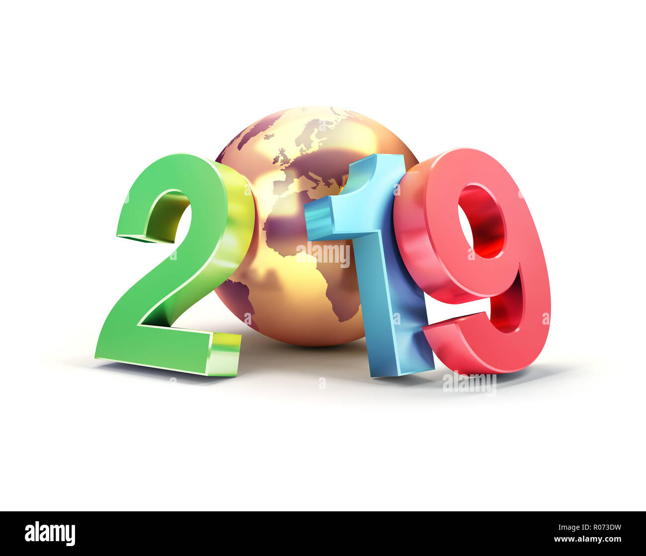 Nouvel An 2019 date numéro coloré composé d'une planète terre de l'or, l'accent sur l'Europe et l'Afrique, isolé sur blanc - 3D illustration Banque D'Images