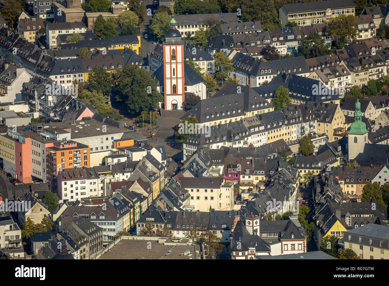 Vue aérienne de l'église protestante, Nikolai Siegen Krämer Alley, St.Marien Siegen, Untere Metzgerstraße Rathaus, Siegen, Markt, Kreis Düren, Banque D'Images
