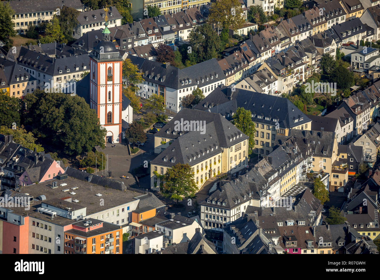 Vue aérienne de l'église protestante, Nikolai Siegen Krämer Alley, St.Marien Siegen, Untere Metzgerstraße Rathaus, Siegen, Markt, Kreis Düren, Banque D'Images