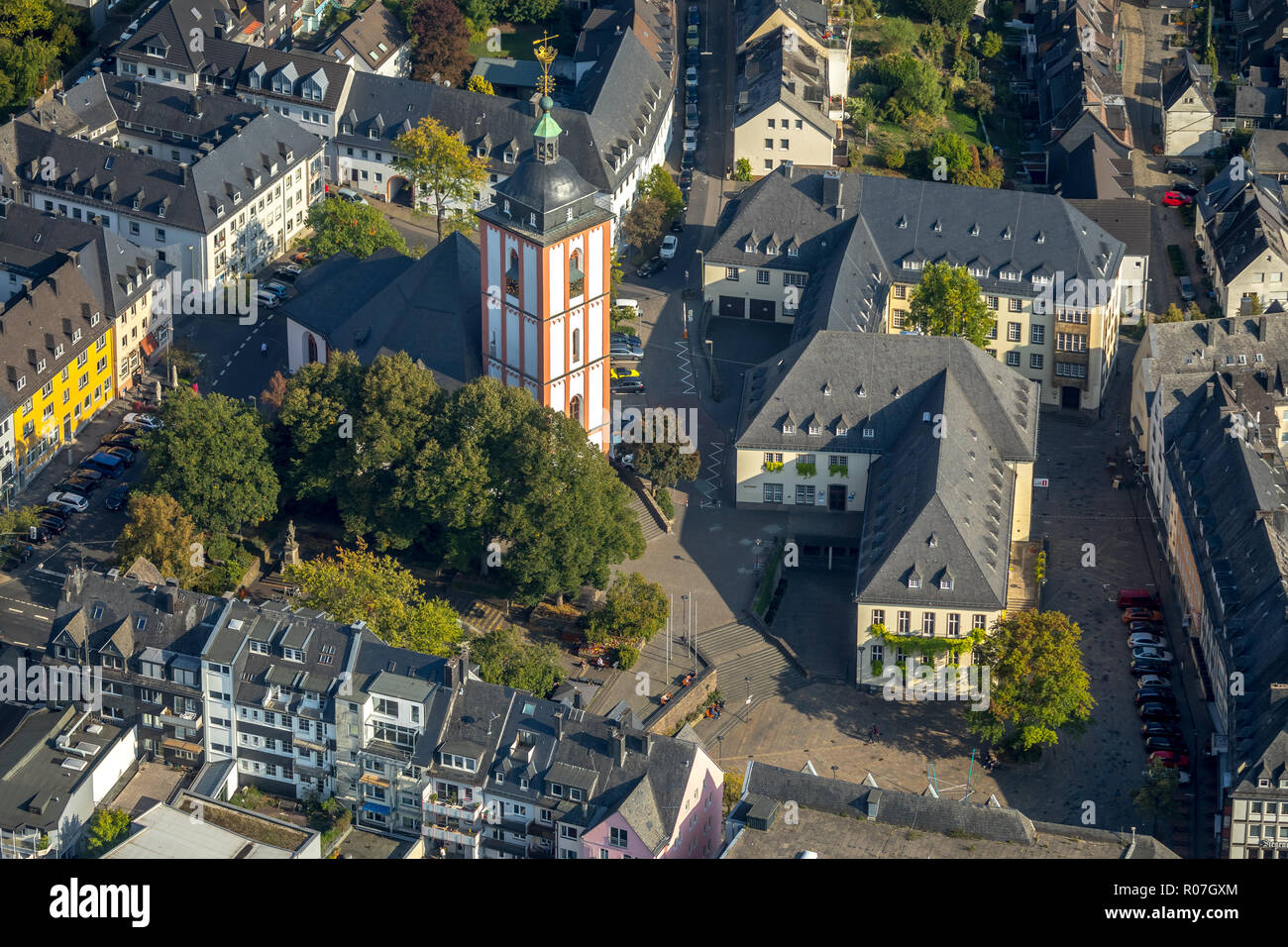 Vue aérienne de l'église protestante, Nikolai Siegen Krämer Alley, St.Marien Siegen, Untere Metzgerstraße Rathaus, Siegen, Markt, Kreis Düren, Banque D'Images