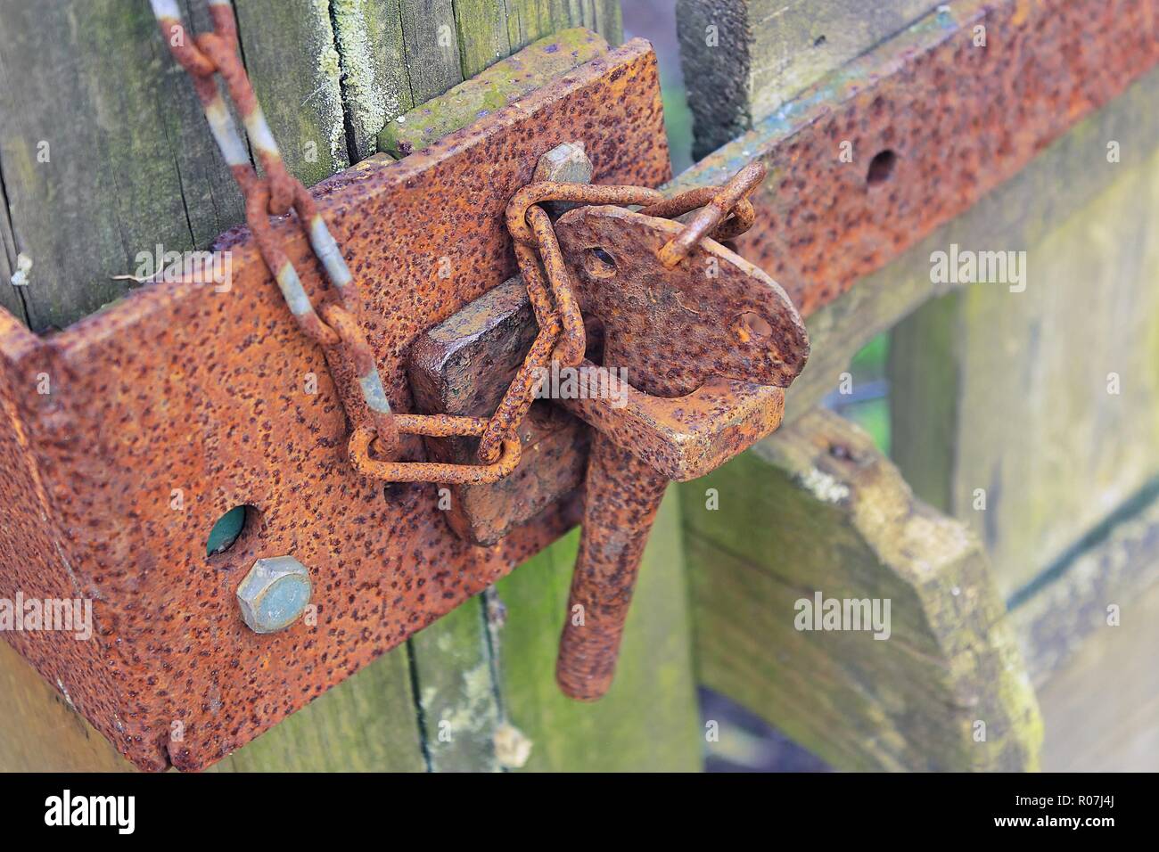 Vieux rouge brun avec des cadenas et des chaînes rouillées sur une barrière en bois Banque D'Images