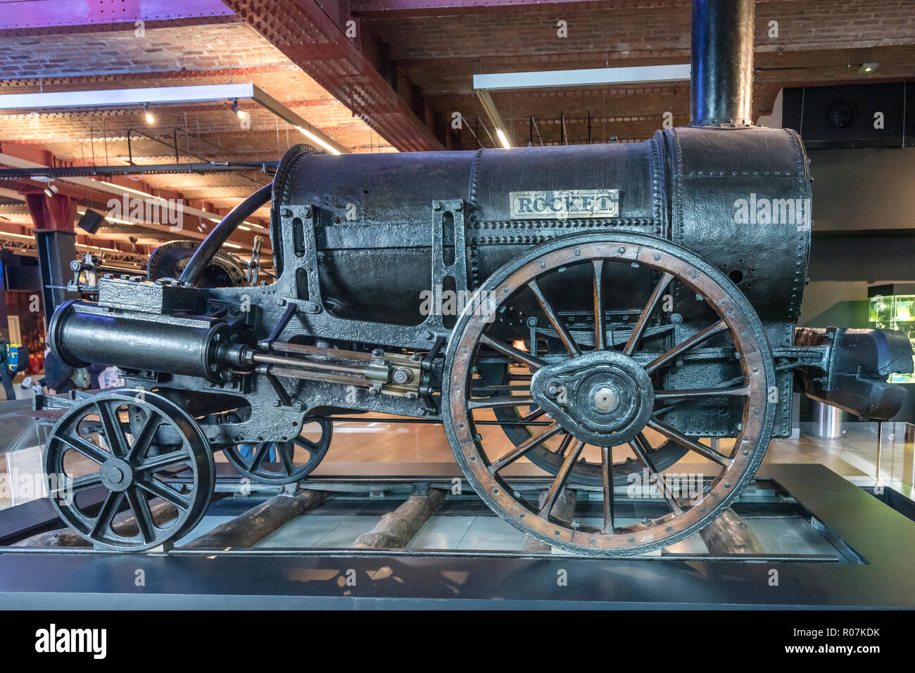 Stephenson's Rocket machine à vapeur au Manchester Museum of Science and Industry. Banque D'Images