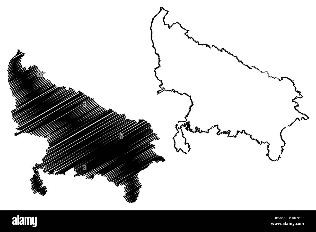 L'Uttar Pradesh (États et territoires de l'union de l'Inde, États fédérés, République de l'Inde) map vector illustration, croquis gribouillis d'Uttar Pradesh (UP) Illustration de Vecteur