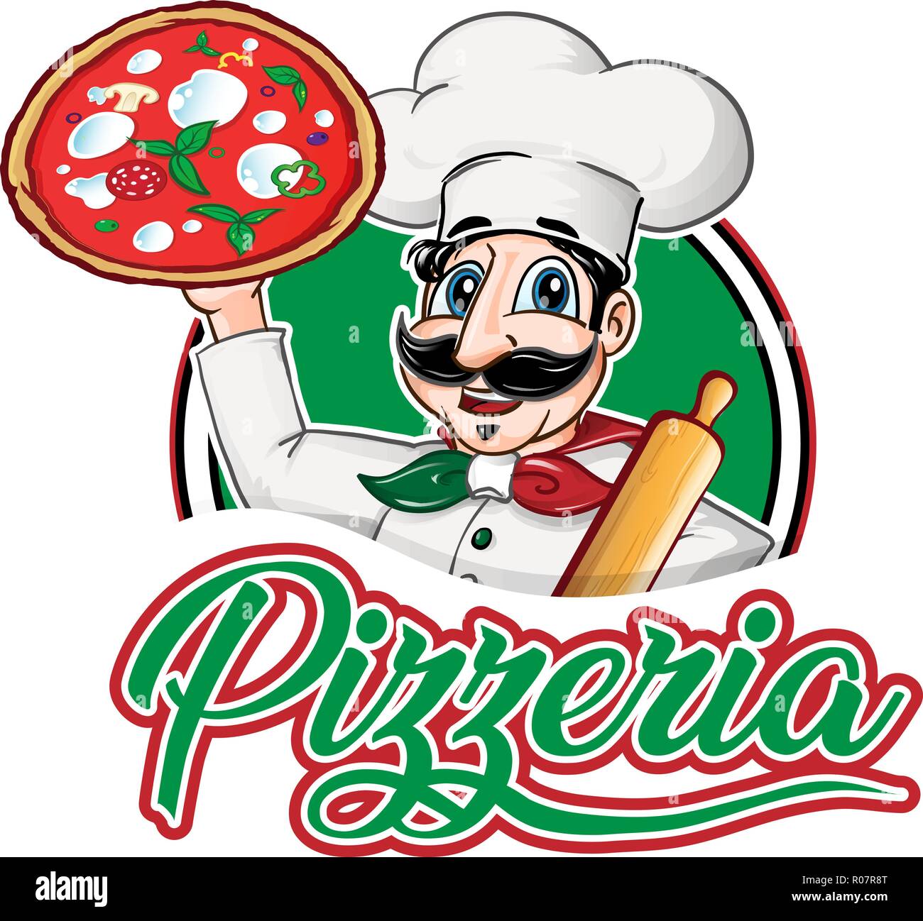 Chef italien emblème avec pizza Margherita isolé sur fond blanc Illustration de Vecteur