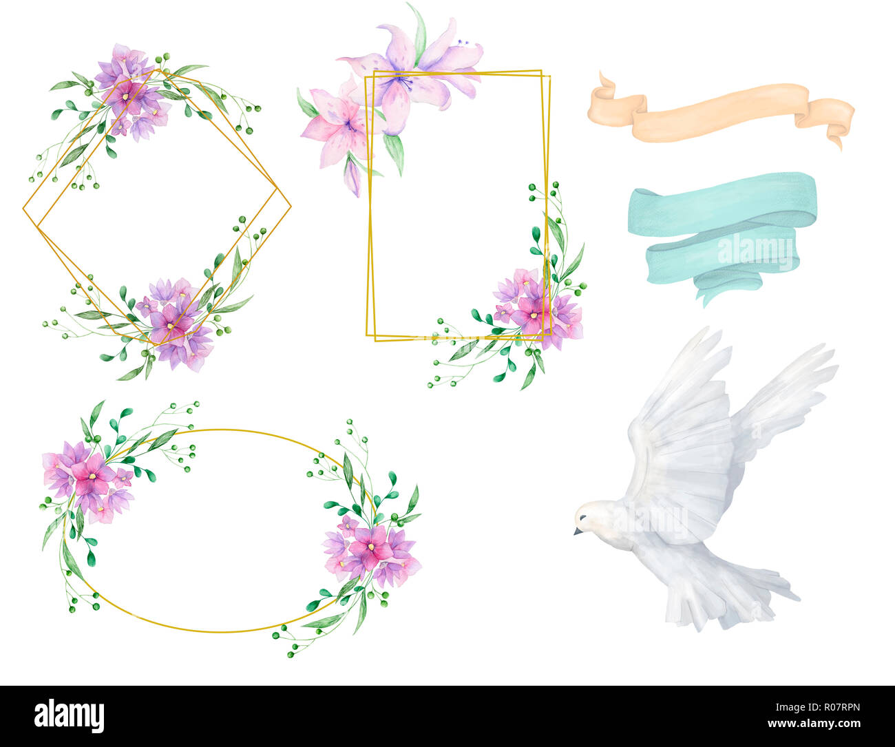 Invitation De Mariage Carte Floral Floral Inviter Et Dovevertical Imprimer Geometrique Cadre Dore Et Ruban Fond Blanc Photo Stock Alamy