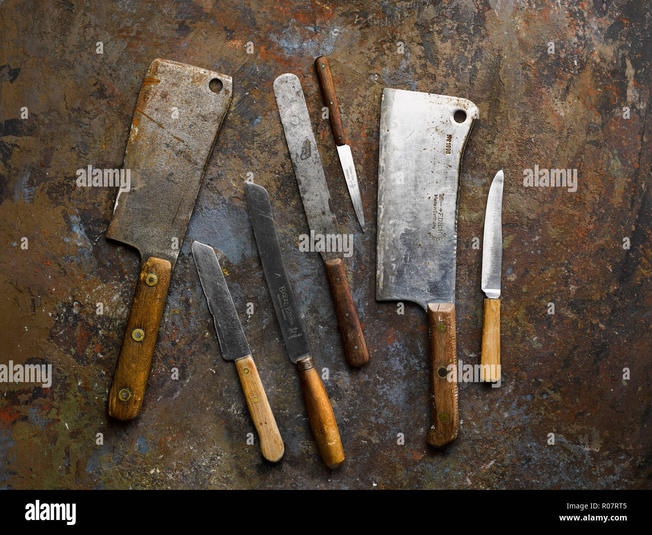 Technique d'hyperfocale sur de vieux couteaux de cuisine Banque D'Images