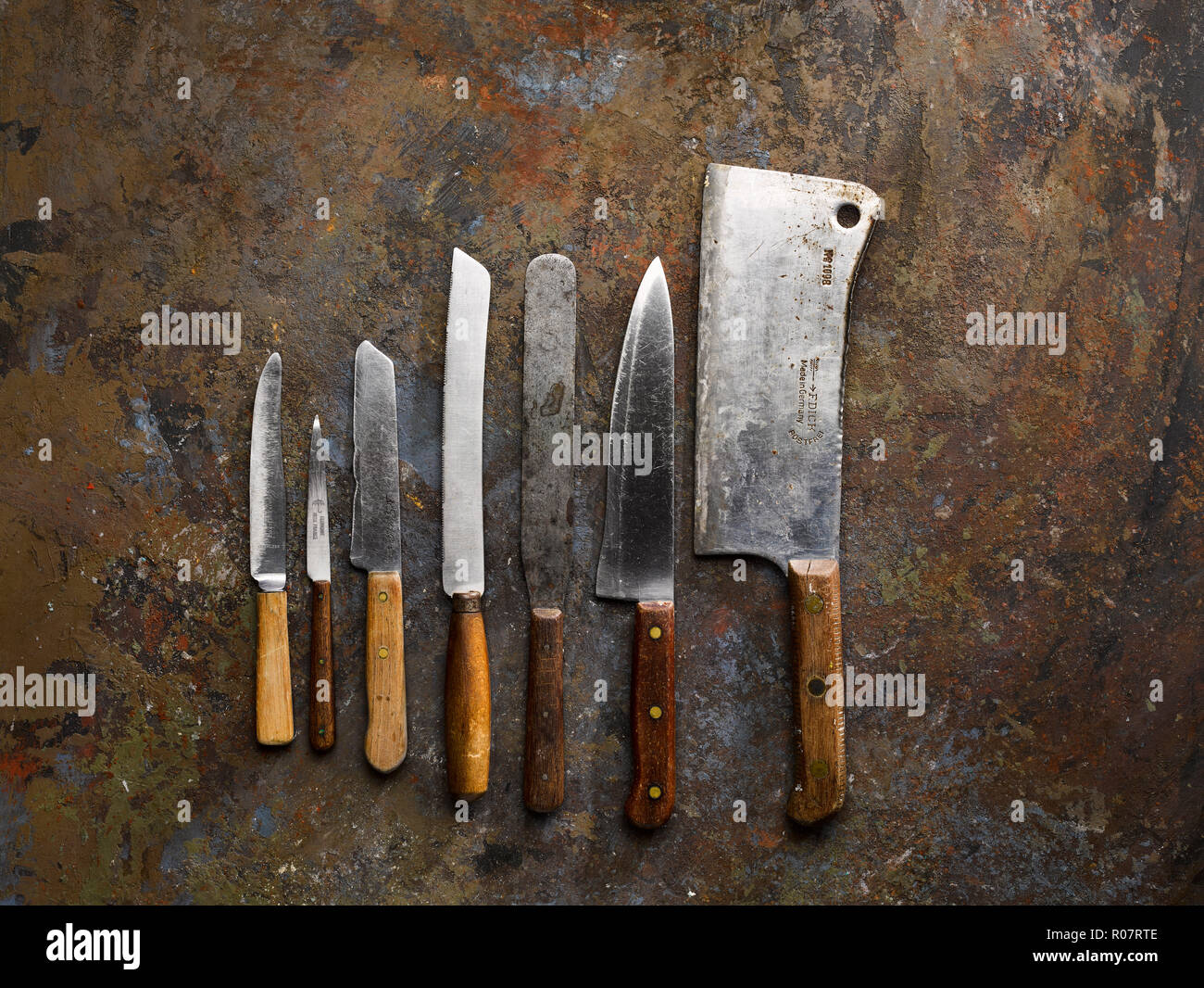 Technique d'hyperfocale sur de vieux couteaux de cuisine Banque D'Images