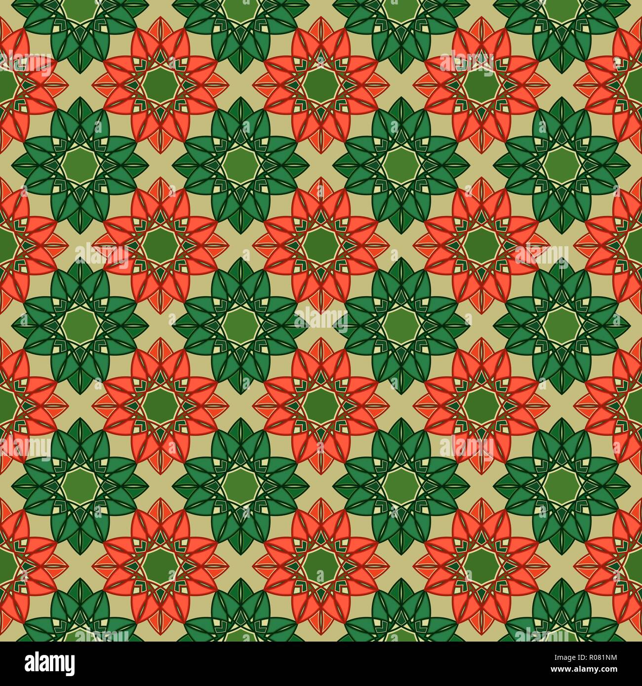 Seamless abstract pattern se composent de mandala de décoration en vert, orange et beige hues sur l'arrière-plan muet, vecteur comme une texture de tissu Illustration de Vecteur