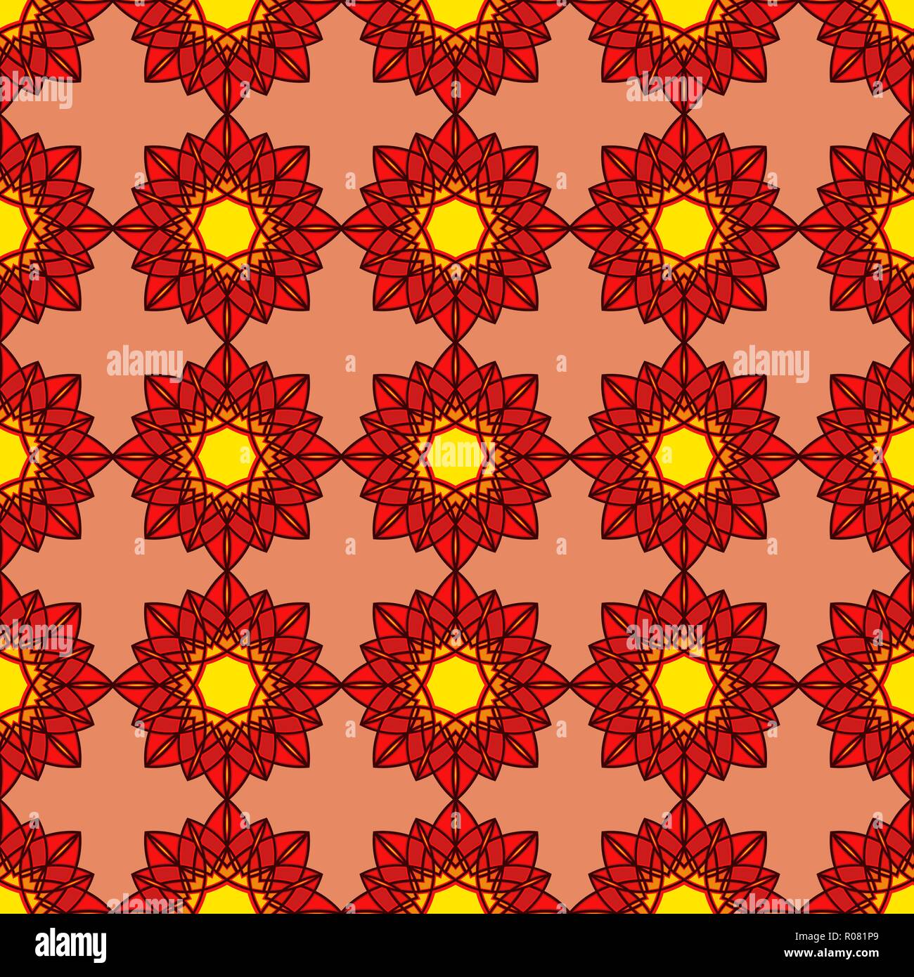 Revanche abstract pattern est constitué de mandala de décoration en rouge, jaune et orange hues sur le fond rose, muet comme un tissu vectoriel continu textu Illustration de Vecteur