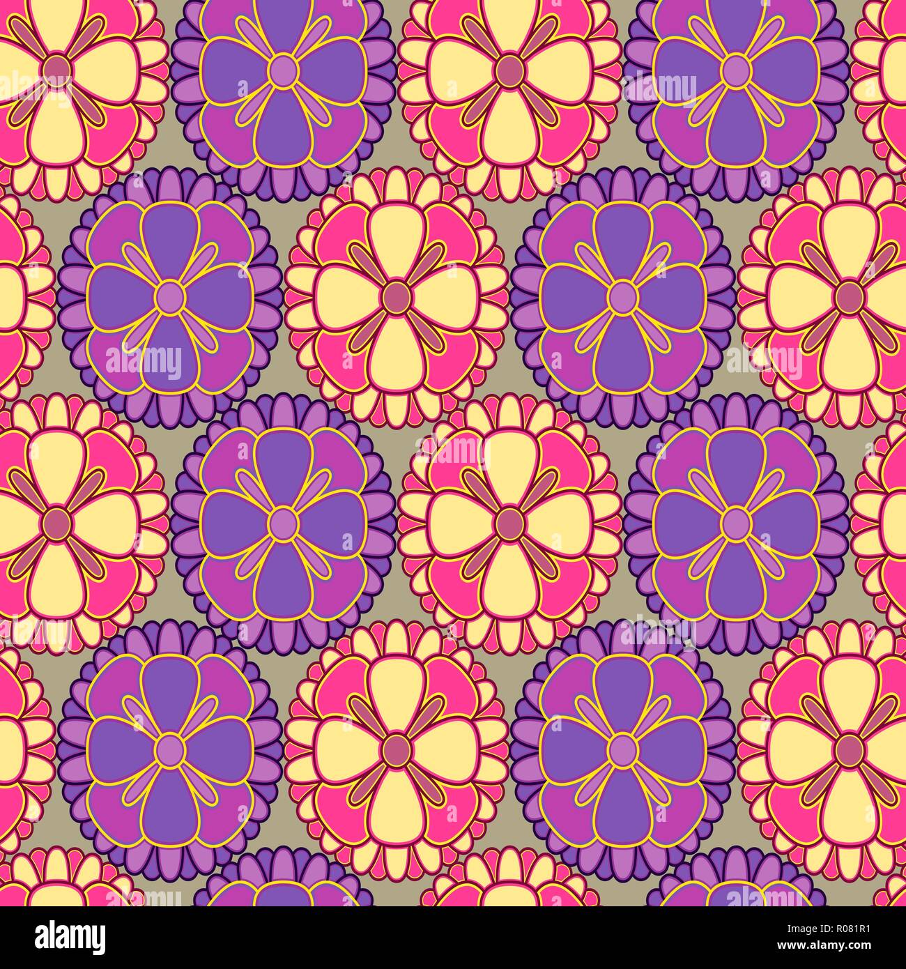 Texture décoratif vectoriel continu avec la répétition résumé des fleurs en violet, rose et beige hues sur le fond gris, muet comme une illustration fabri Illustration de Vecteur