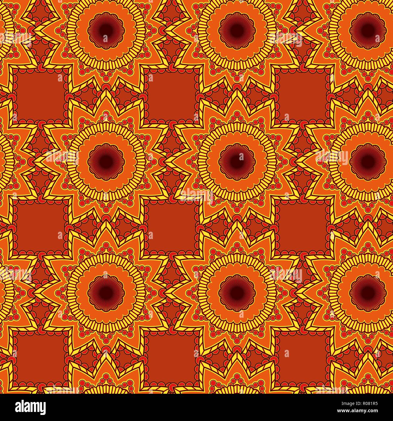 Résumé motif transparent contraste consiste à répéter mandala de décoration en rouge, jaune et orange hues sur l'arrière-plan muet, vecteur comme un tissu Illustration de Vecteur