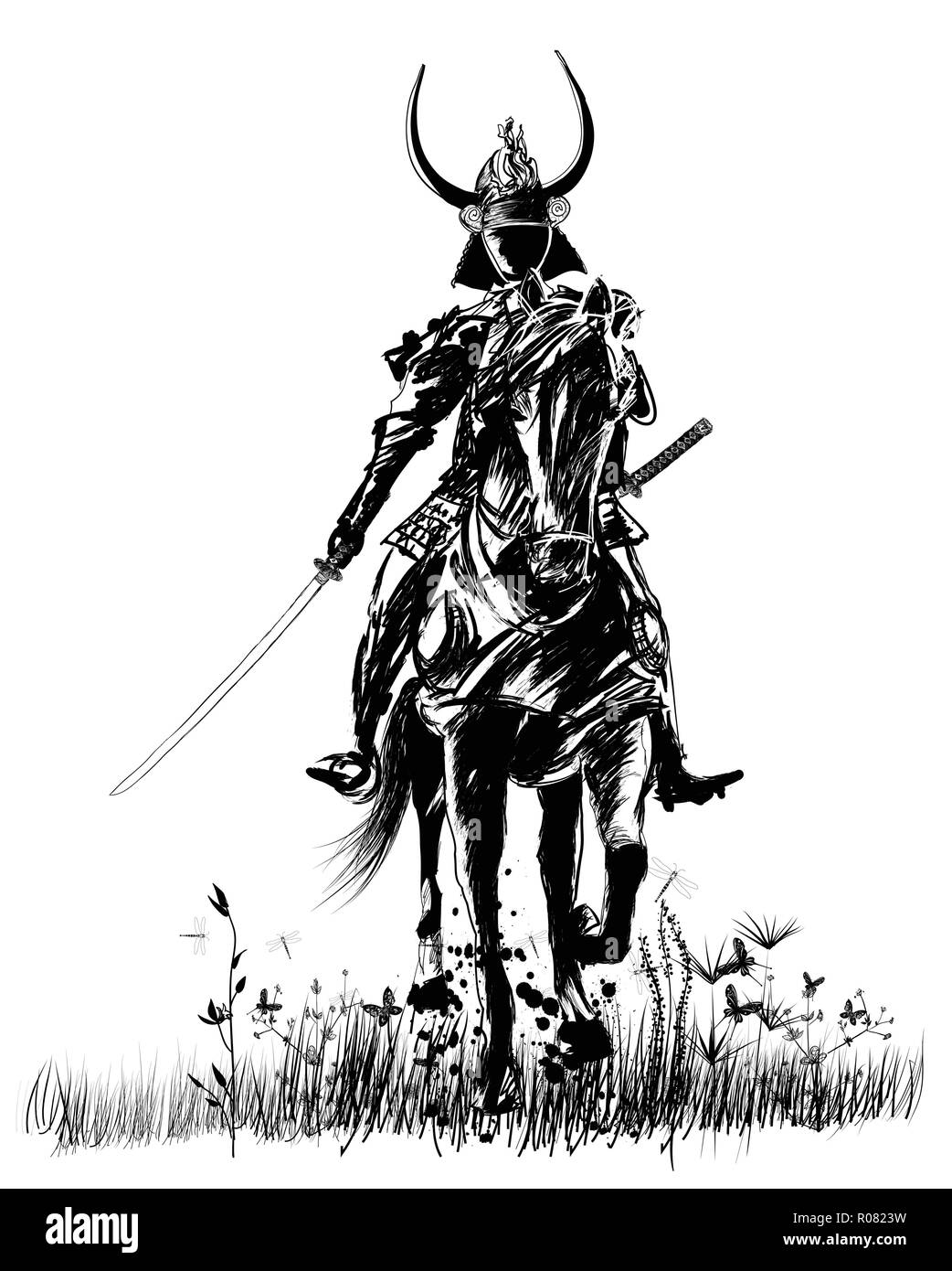 Samourai à l'épée sur un cheval - vector Illustration de Vecteur