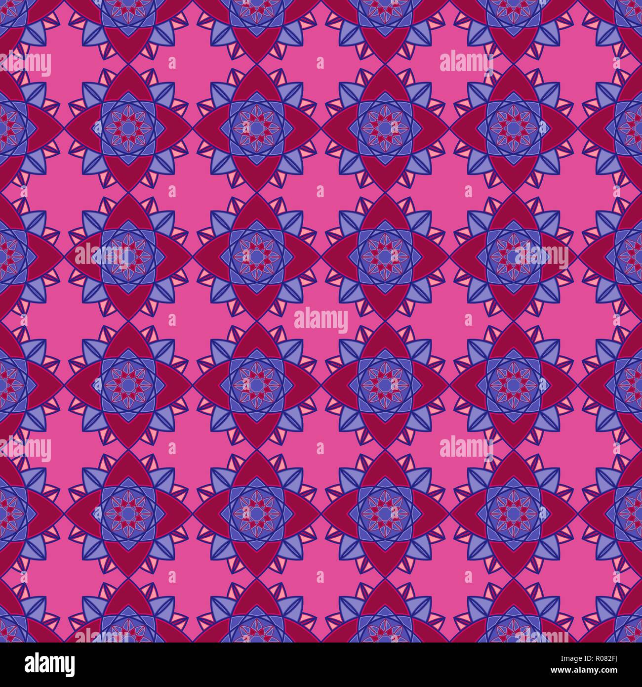 Abstract pattern décoratif se composent de mandala avec les lignes en bleu et d'entrelacs rouges sur le fond rose, muet comme un vecteur sans te tissu Illustration de Vecteur