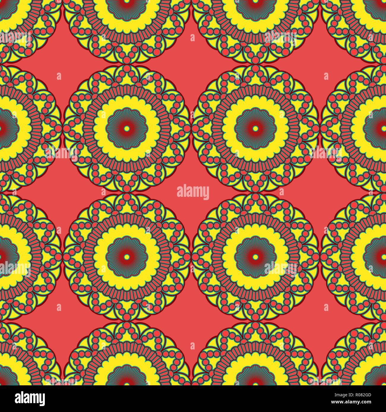 Abstract pattern contraste avec mandala de décoration en rouge, jaune et teintes turquoise sur le fond rose, muet comme un vecteur seamless texture tissu Illustration de Vecteur