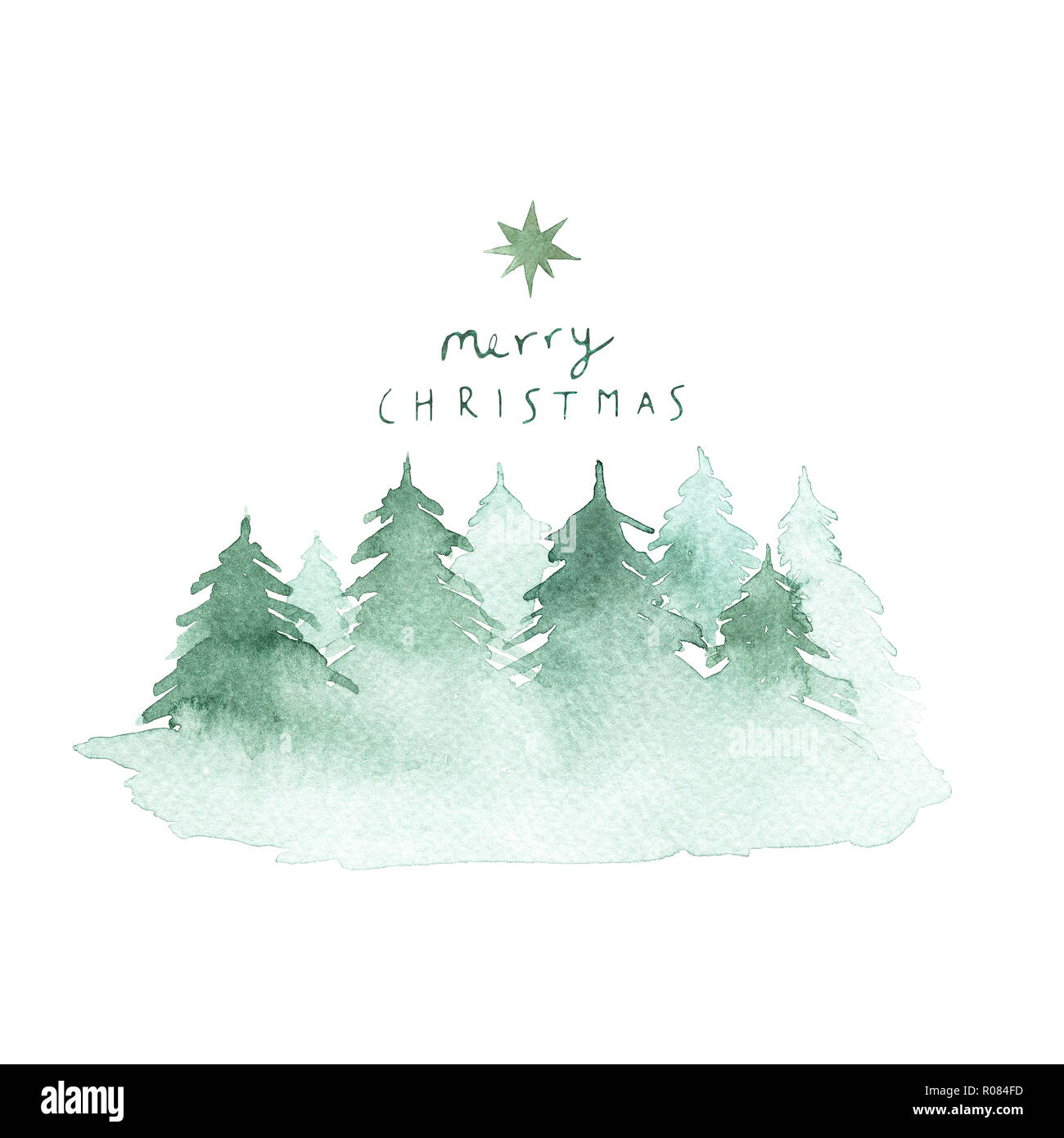 Aquarelle paysage d'hiver d'une forêt dans le brouillard sur fond blanc Banque D'Images
