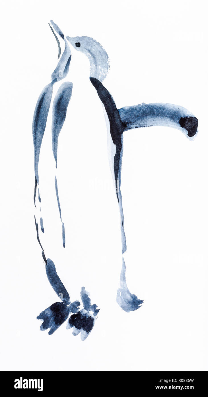 Peinture à la main de style sumi-e sur papier blanc - penguin oiseau dessiné par black aquarelles Banque D'Images