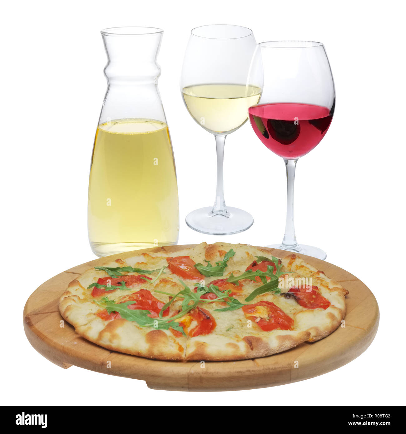 La focaccia et frais du vin rouge et blanc isolated on white Banque D'Images