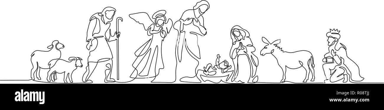 Dessin d'une ligne continue. Bible Joyeux noël scène de sainte famille. Vector illustration Illustration de Vecteur