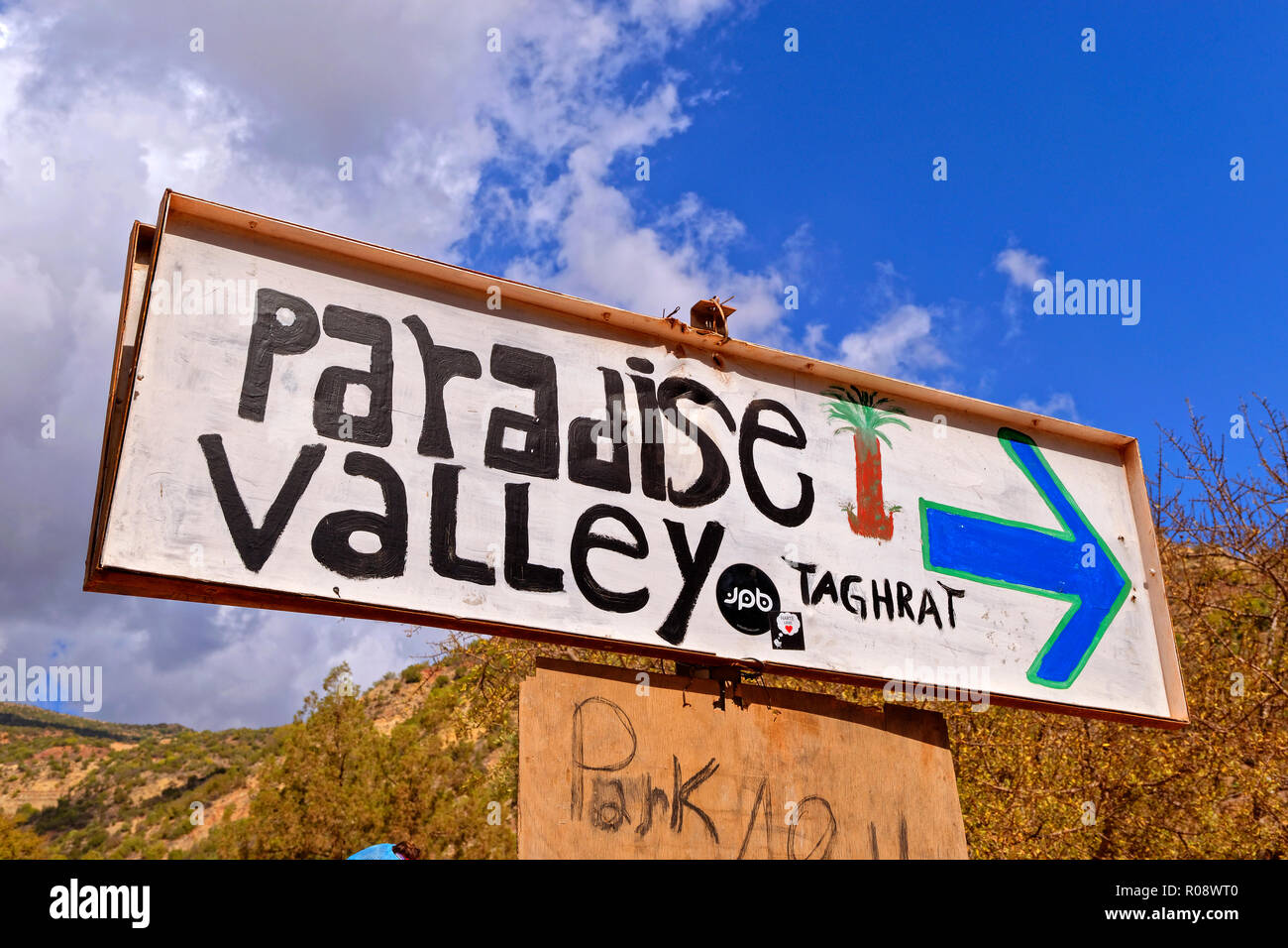 Paradise Valley signe dans l'extrémité ouest de l'Atlas, près d'Agadir, Maroc, Afrique du Nord-Ouest. Banque D'Images