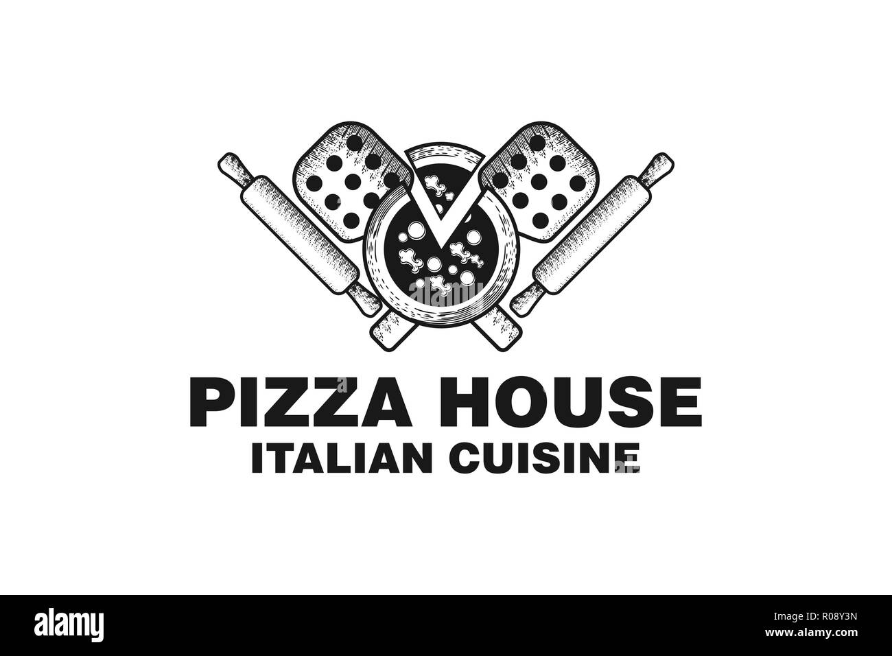 Hand drawn vintage pizza house logo design Illustration de Vecteur