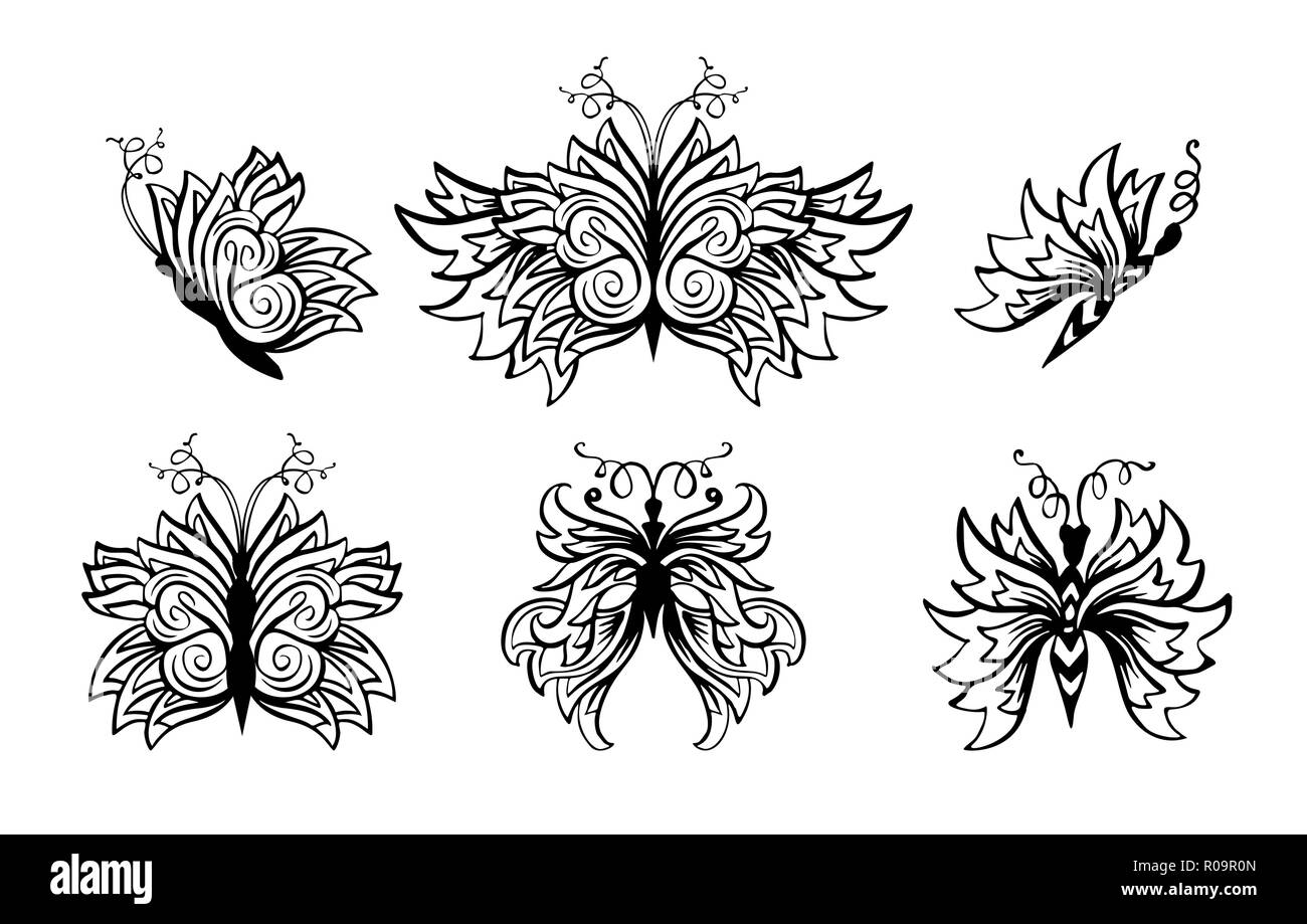 Marqueur de ligne de contour papillons jeu de balais. Insectes volants collection dessiné à la main. Les papillons avec curl ornements et décoration. Affiche, logo, typographie design. Illustrations vectorielles Illustration de Vecteur