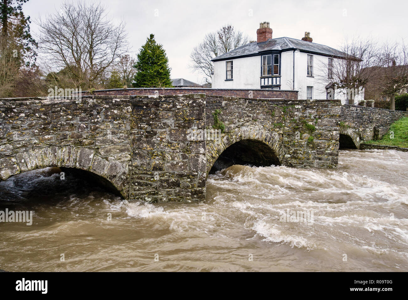 Presteigne, Powys, Pays de Galles, Royaume-Uni. La rivière Lugg en hiver, à haut niveau d'inondation de la vieille ville sous les 17c pont de pierre qui relie le Pays de Galles et l'Angleterre Banque D'Images