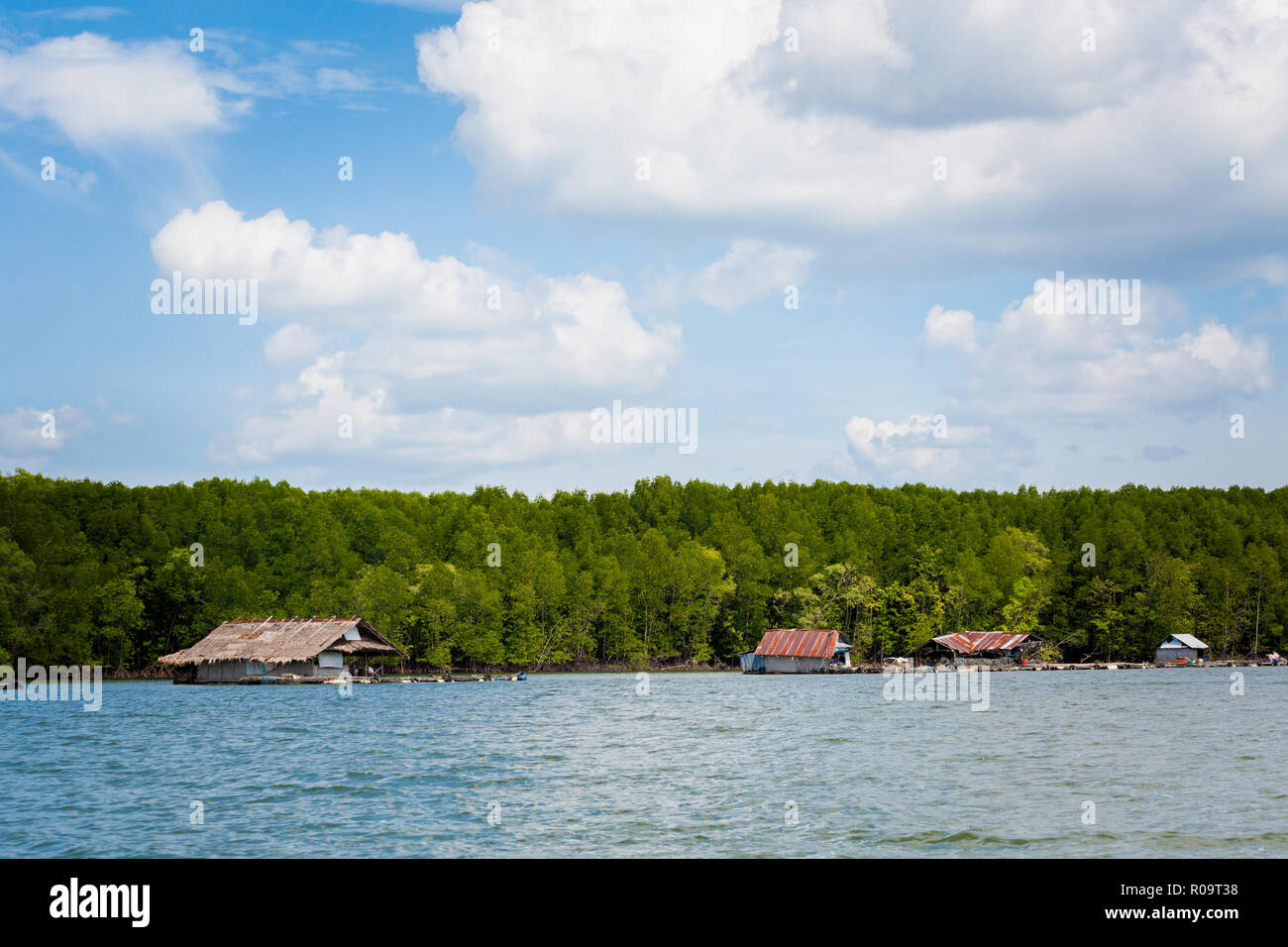 Voir avec des cases sur la rivière Nam Pak tropicales de Krabi dans le sud de la Thaïlande. Prises de paysage bateau longtail en Asie du sud-est. Banque D'Images