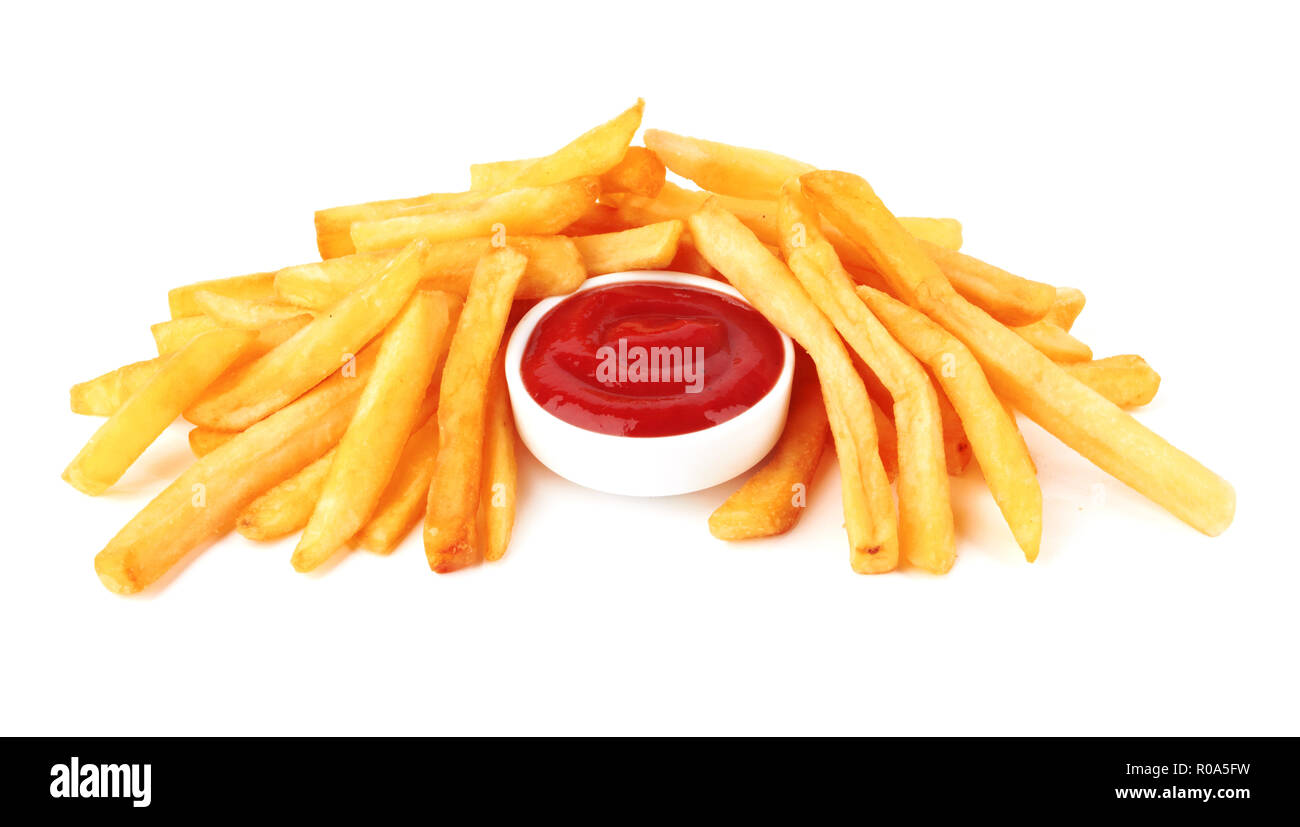 Les frites avec du ketchup sur un fond blanc Banque D'Images