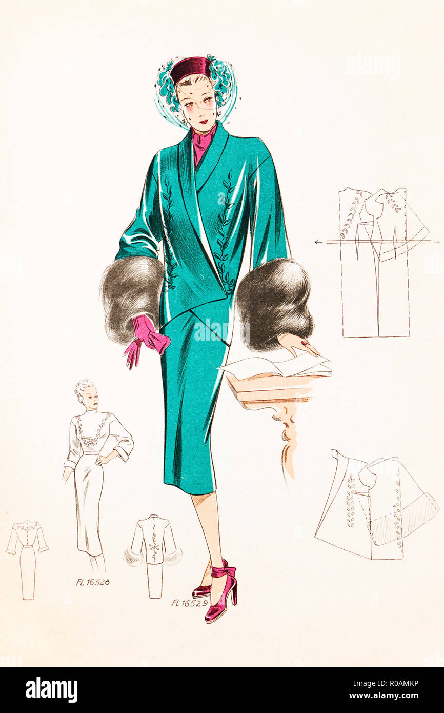 Jeu de la voiture à la mode, manteau le capot avec le voile et belle robe, 1930 Banque D'Images