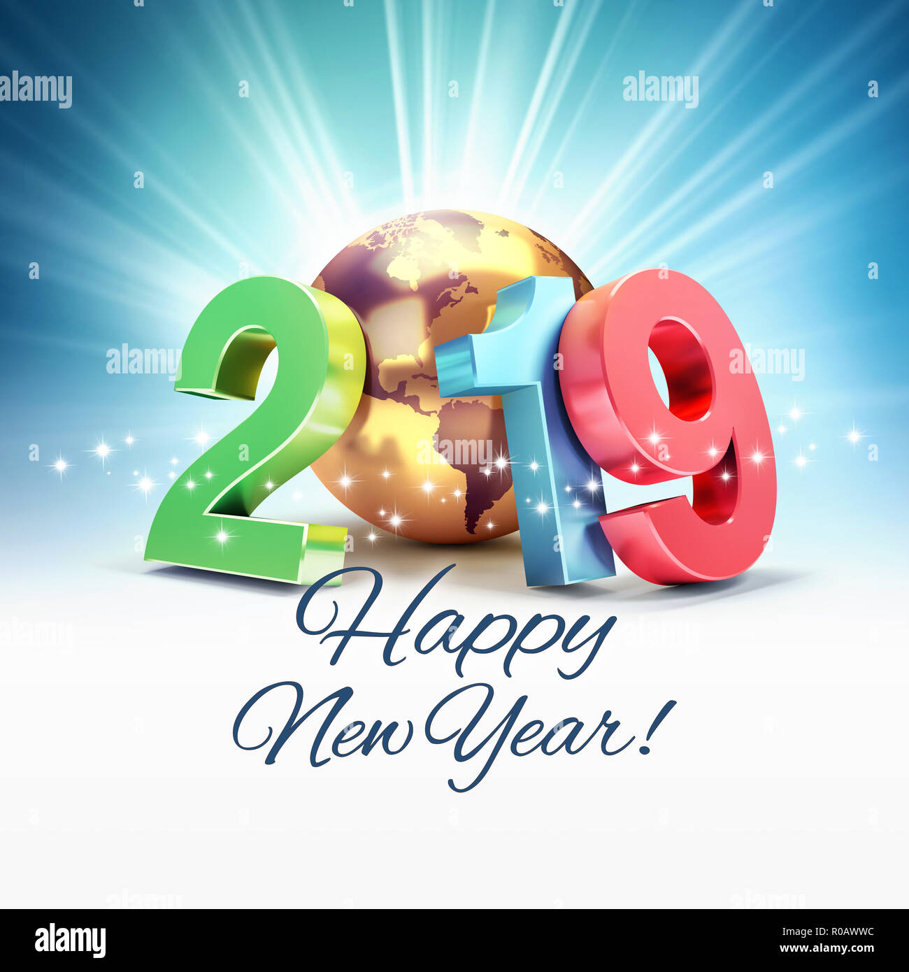 Salutations et bonne année 2019 date numéro coloré composé d'une planète terre de l'or, l'accent sur l'Amérique, étoiles brillantes et les rayons de lumière derrière - 3D Banque D'Images