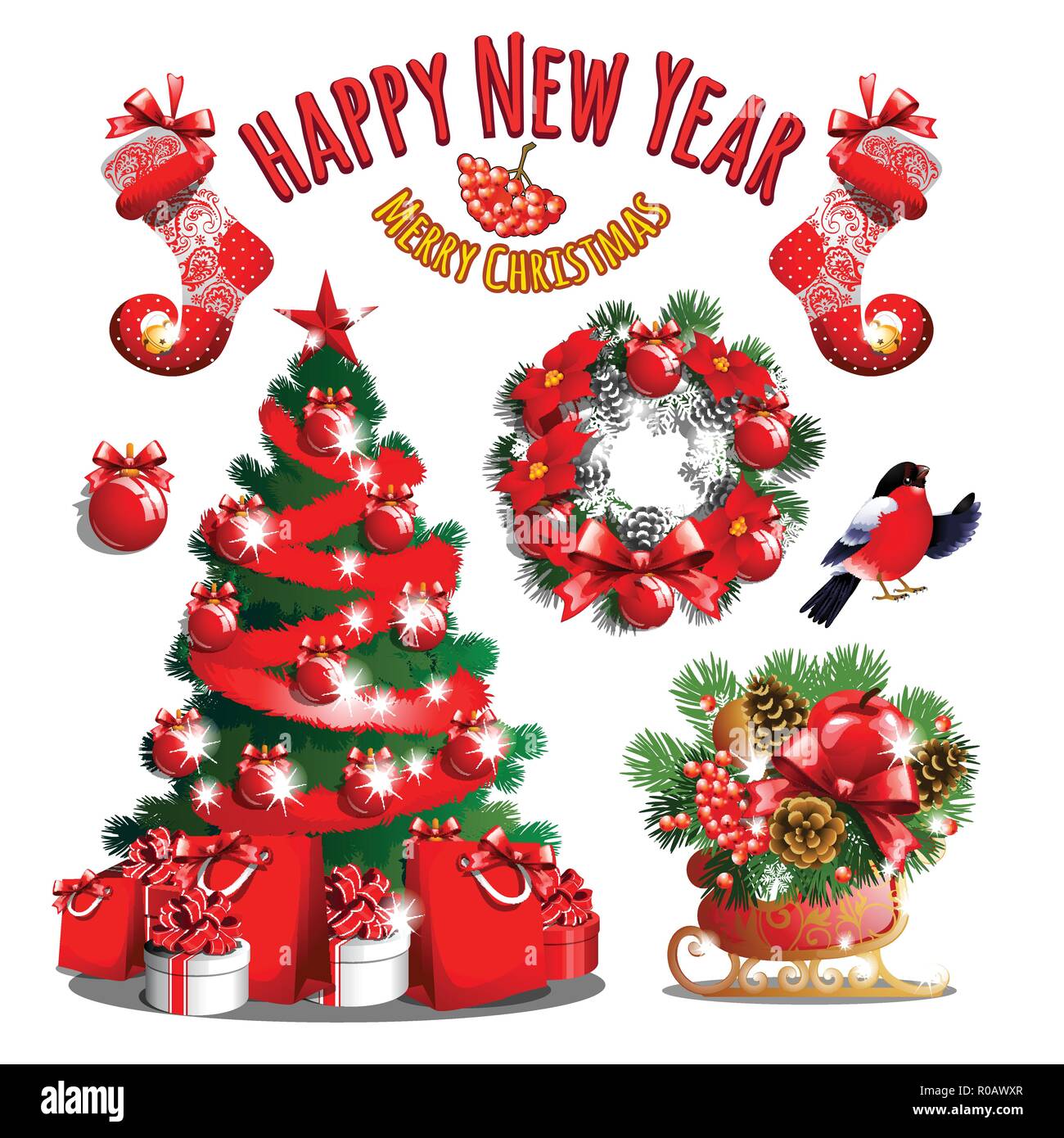 Croquis d'arbre de Noël mignon avec Red Ribbon Bow. Nouvelle année des boîtes-cadeaux, décorations de Noël classique, et couronne de Noël. Échantillon de poster, d'une invitation et d'autres carte. Vector Illustration. Illustration de Vecteur