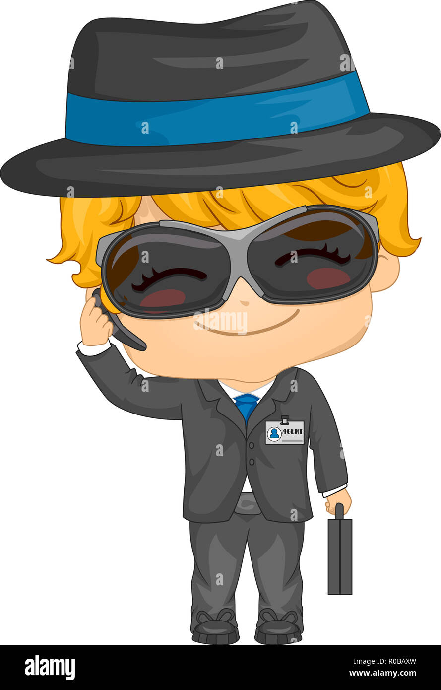 Illustration d'un enfant garçon Secret Agent portant un costume noir,  lunettes de soleil, écouteurs et un chapeau Photo Stock - Alamy