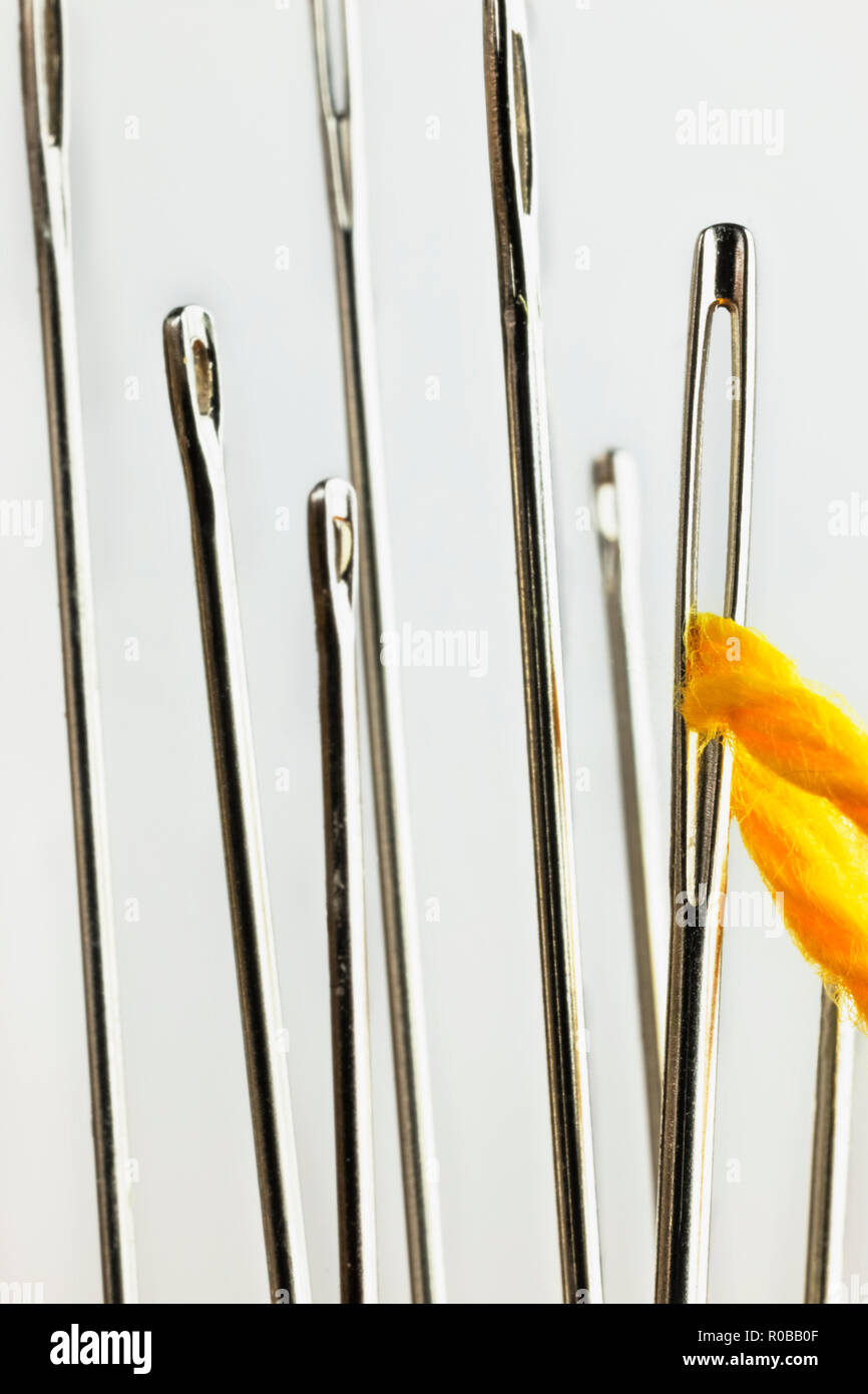 Une aiguille à coudre avec un fil jaune dans l'oeillet , plusieurs problèmes de mise au point des aiguilles dans l'avant-plan, arrière-plan blanc , portrait , vertica Banque D'Images