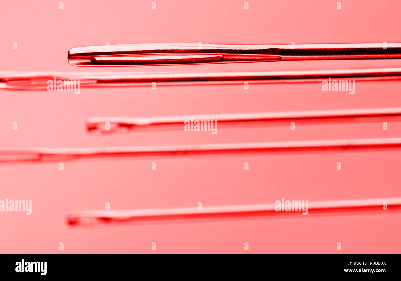 Aiguilles à coudre studio shot , composition graphique ,le rouge est la couleur de la photo , composition horizontale Banque D'Images