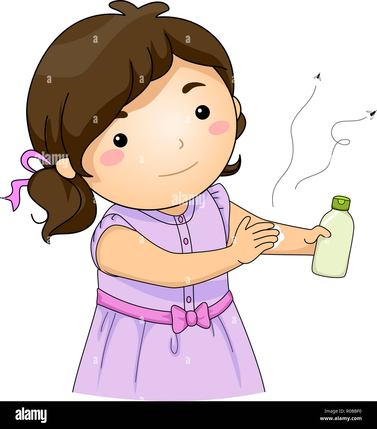 Illustration d'un enfant fille l'application d'une lotion anti moustique sur sa peau Banque D'Images