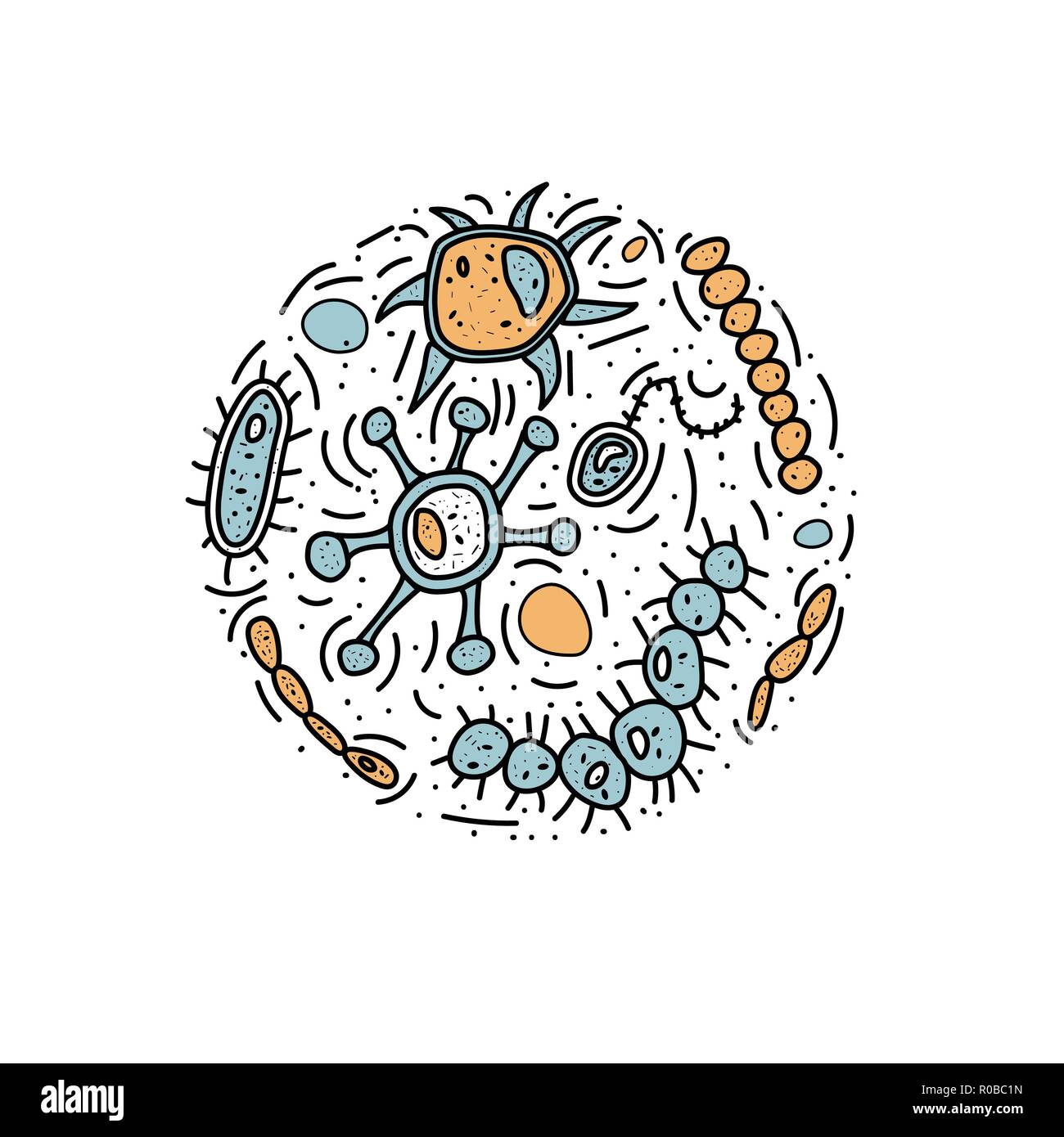 Les cellules de bactéries composition ronde. Collection de micro-organismes. Style doodle vecteur composition. Illustration de Vecteur