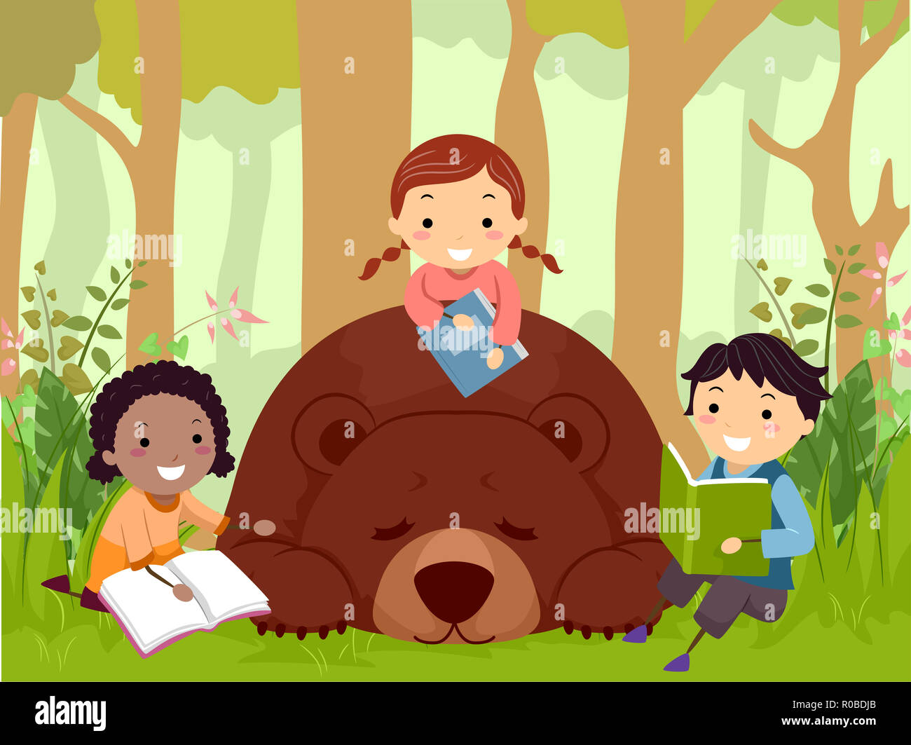 Illustration de livres de lecture pour enfants Stickman avec un ours brun dans les bois Banque D'Images