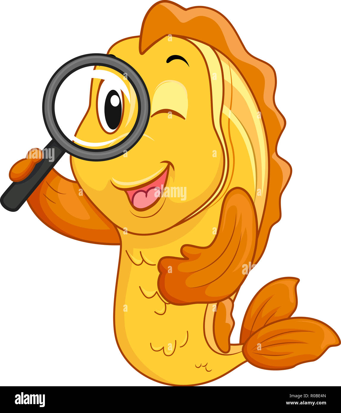 Illustration d'un poisson d'or Mascot en utilisant une loupe pour la recherche Banque D'Images