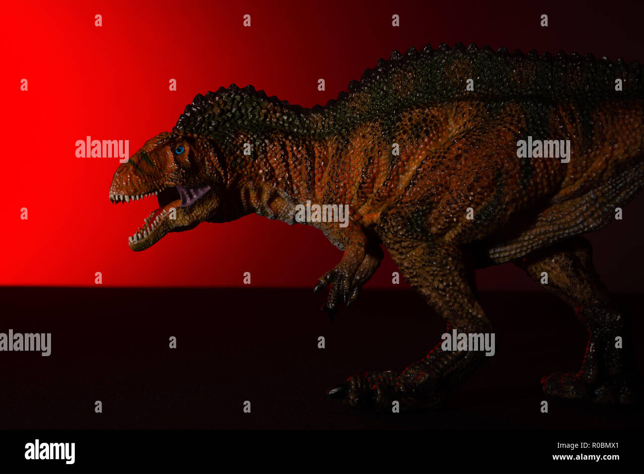 Acrocanthosaurus avec spot de lumière sur la tête et voyant rouge sur fond de No Logo et aucune marque déposée Banque D'Images