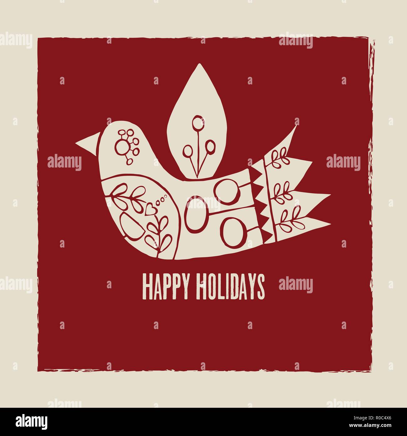 Bonnes vacances carte de vœux d'oiseaux crème vecteur sur fond rouge. Illustration de Vecteur