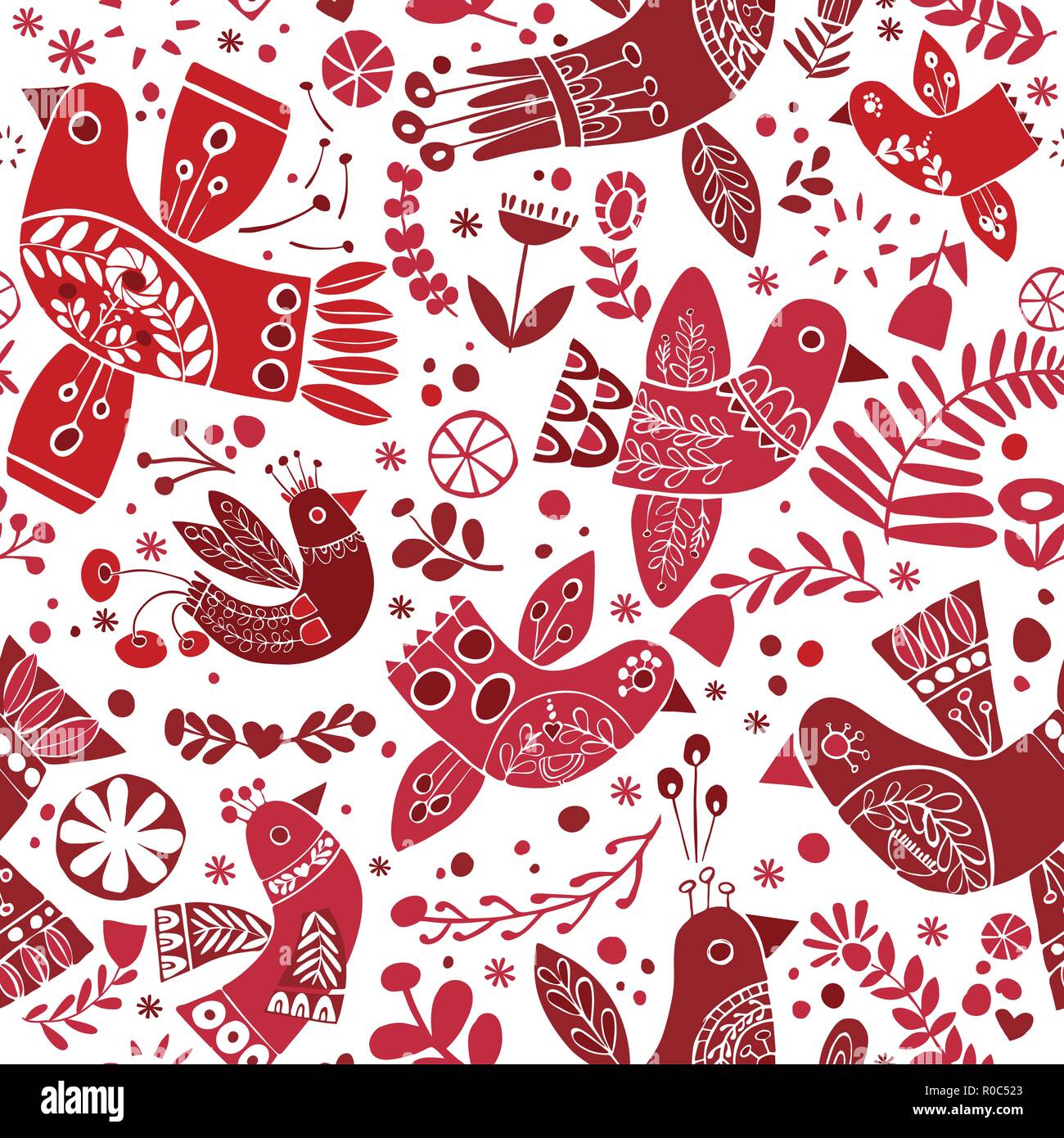 Noël vecteur oiseaux rouge motif folklorique sans couture. Illustration de Vecteur