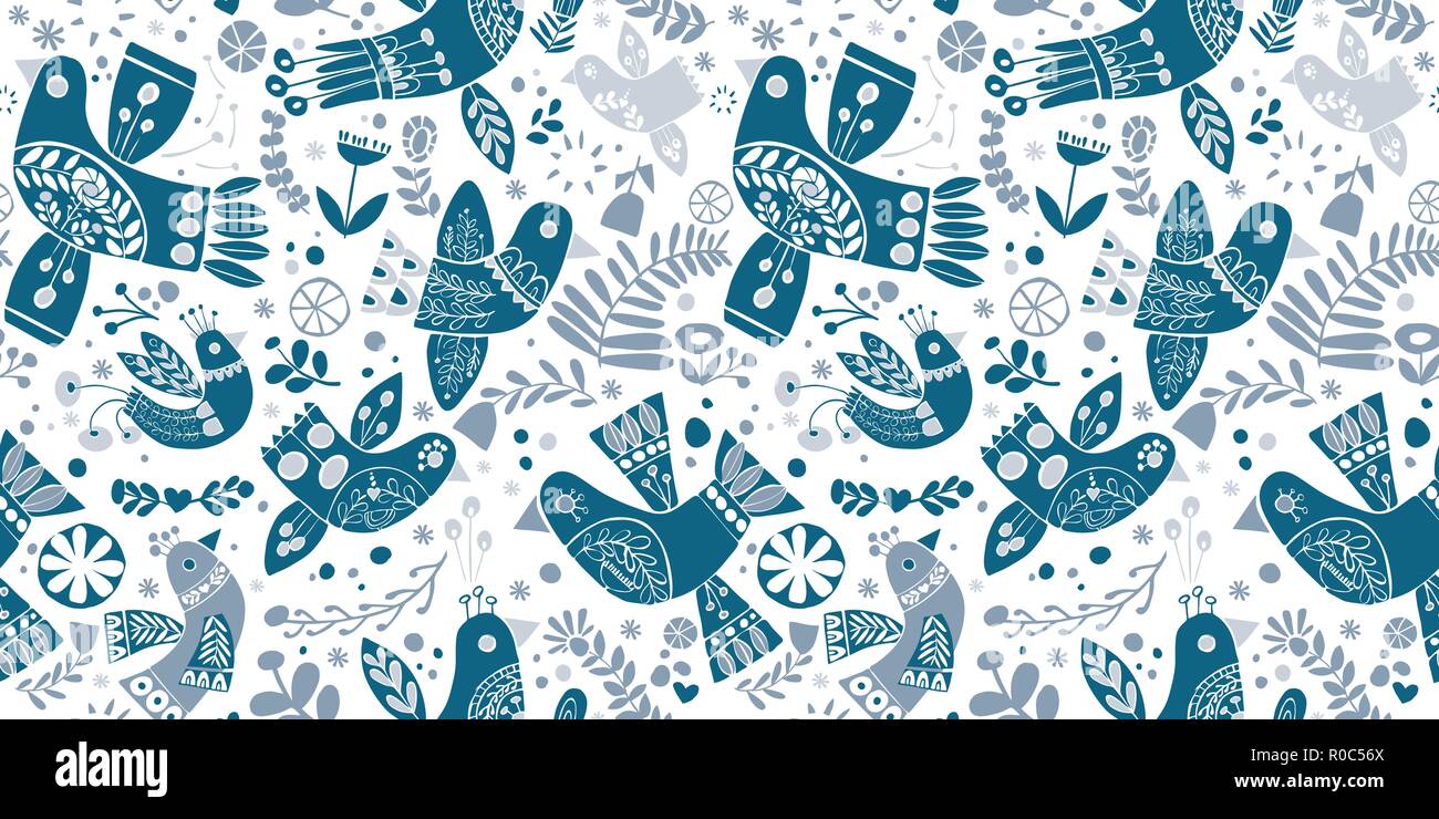 Noël oiseaux vecteur folk bleu transparente motif. Illustration de Vecteur
