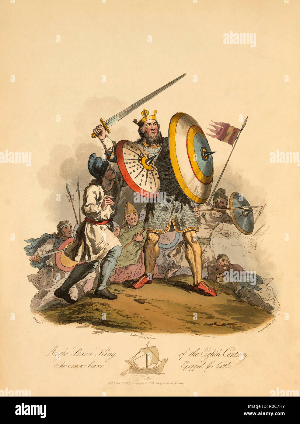 Le Roi anglo-saxon du huitième siècle et son porteur d'armes équipés pour la bataille, 750, gravure d'I.A. Atkinson, 1813 Banque D'Images