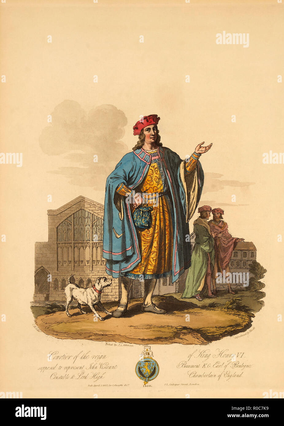 Courtier du règne du Roi Henry VI, censés représenter le Vicomte Jean Beaumont K.G. Comte de Boulogne, le gendarme & grand chambellan de l'Angleterre, 1430, gravure d'I.A. Atkinson, 1812 Banque D'Images