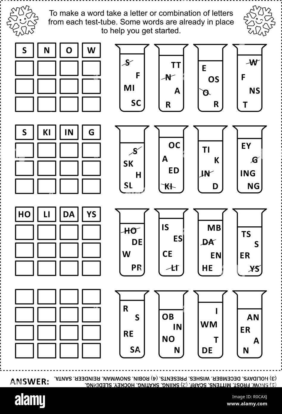L'hiver et les vacances d'hiver, jeu de mots à thème : composer quatre mots pour chaque groupe d'éprouvettes en prenant une lettre ou combinaison de lettres de chaque tube. Réponse inclus. Illustration de Vecteur