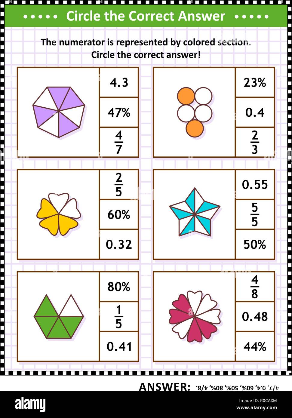 La formation de compétences mathématiques puzzle visuel ou feuille de calcul. Entourer la bonne réponse. Trouver le nombre équivalent pour chaque fraction picturale de la représentation. Réponse inclus. Illustration de Vecteur