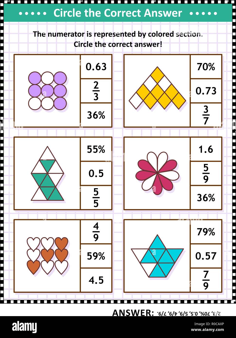 La formation de compétences mathématiques puzzle visuel ou feuille de calcul. Entourer la bonne réponse. Trouver le nombre équivalent pour chaque fraction picturale de la représentation. Réponse inclus. Illustration de Vecteur