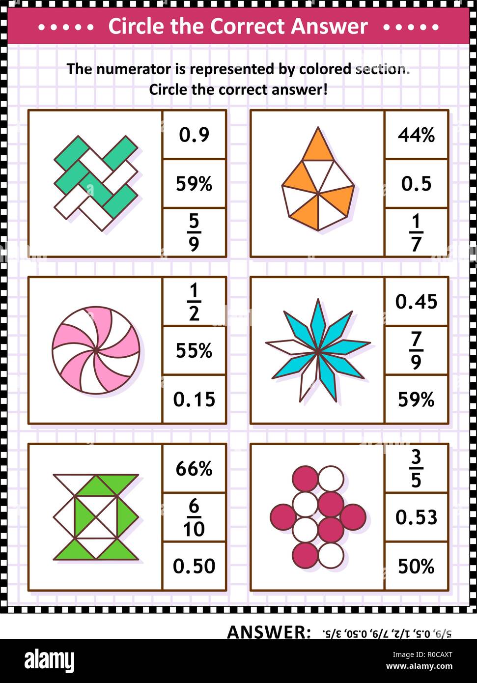 La formation de compétences mathématiques puzzle visuel ou feuille de calcul. Entourer la bonne réponse. Trouver le nombre équivalent pour chaque fraction picturale de la représentation. Réponse inclus. Illustration de Vecteur