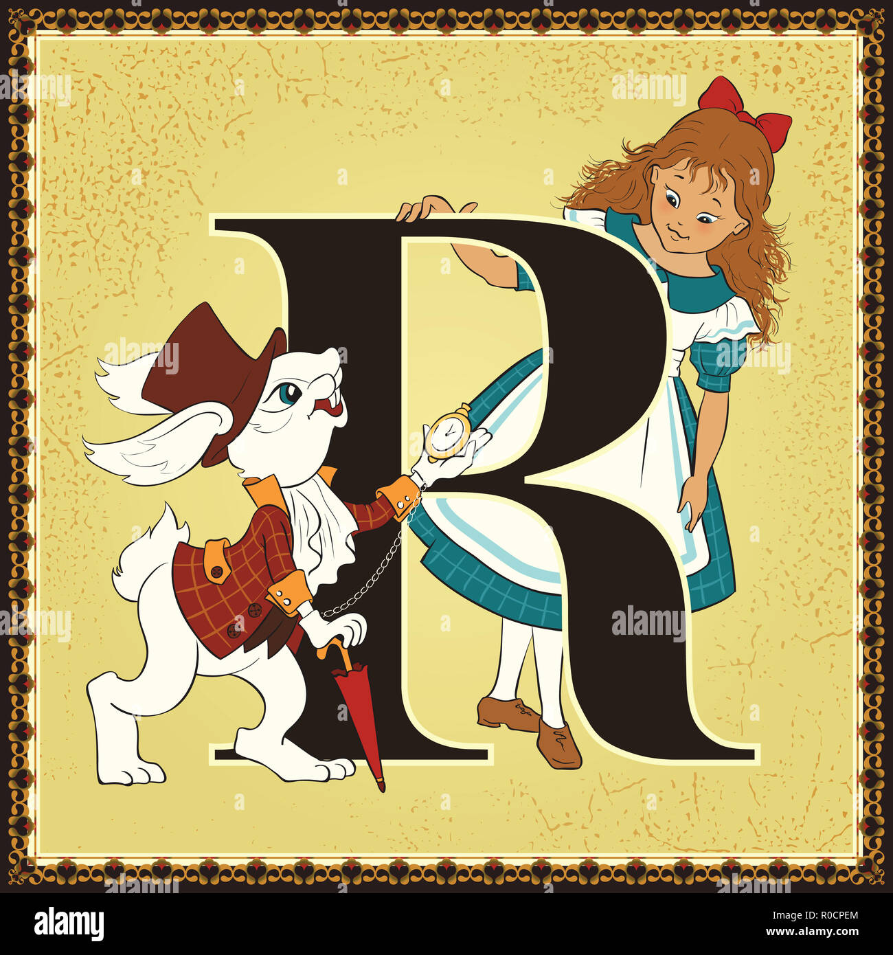 Livre de conte pour enfants cartoon alphabet. Lettre R. Alice et le lapin blanc. Alices Adventures in Wonderland de Lewis Carroll Banque D'Images